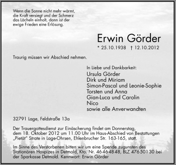 Anzeige  Erwin Görder  Lippische Landes-Zeitung