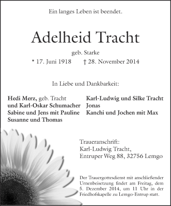 Anzeige  Adelheid Tracht  Lippische Landes-Zeitung