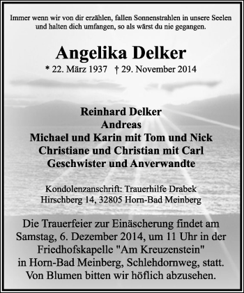 Anzeige  Angelika Delker  Lippische Landes-Zeitung
