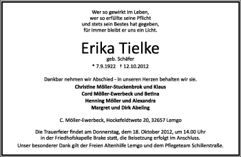 Anzeige  Erika Tielke  Lippische Landes-Zeitung