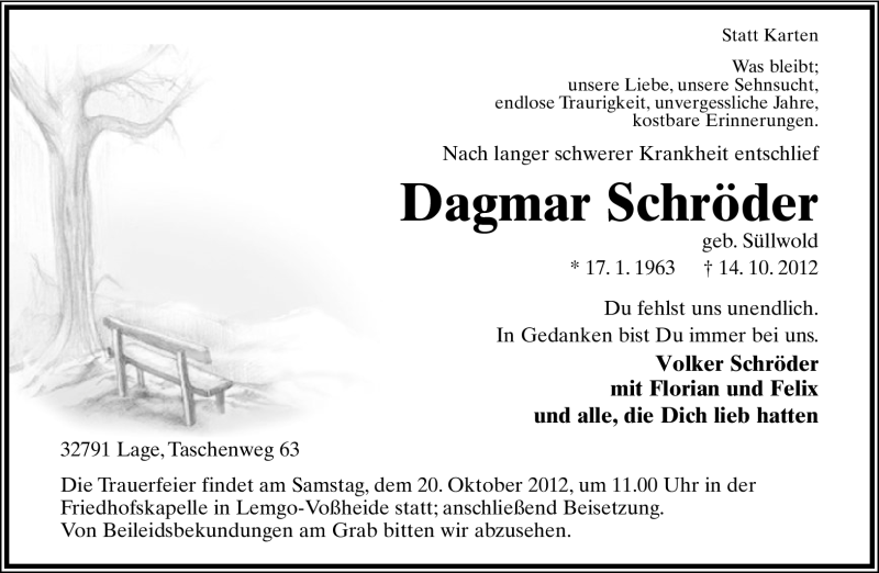  Traueranzeige für Dagmar Schröder vom 16.10.2012 aus Lippische Landes-Zeitung