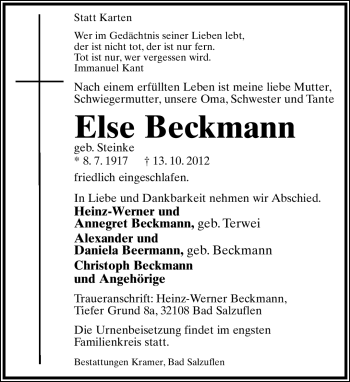 Anzeige  Else Beckmann  Lippische Landes-Zeitung