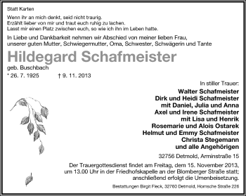 Anzeige  Hildegard Schafmeister  Lippische Landes-Zeitung