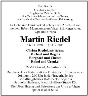 Anzeige  Martin Riedel  Lippische Landes-Zeitung