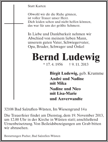 Anzeige  Bernd Ludewig  Lippische Landes-Zeitung