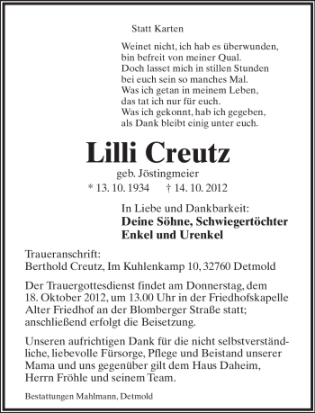 Anzeige  Lilli Creutz  Lippische Landes-Zeitung