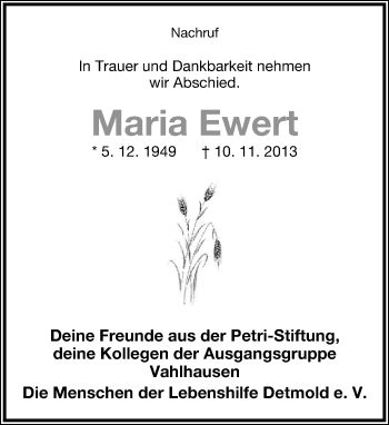 Anzeige  Maria Ewert  Lippische Landes-Zeitung