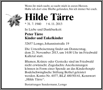 Anzeige  Hilde Tärre  Lippische Landes-Zeitung