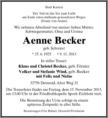 Anzeige  Aenne Becker  Lippische Landes-Zeitung