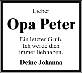 Anzeige  Peter   Lippische Landes-Zeitung