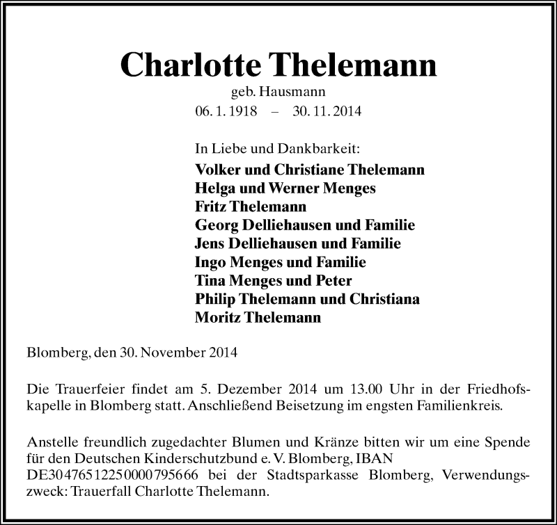  Traueranzeige für Charlotte Thelemann vom 03.12.2014 aus Lippische Landes-Zeitung
