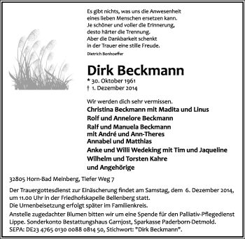 Anzeige  Dirk Beckmann  Lippische Landes-Zeitung