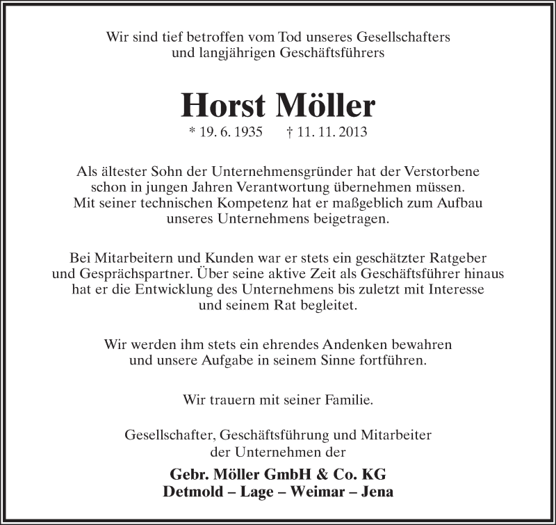  Traueranzeige für Horst Möller vom 13.11.2013 aus Lippische Landes-Zeitung