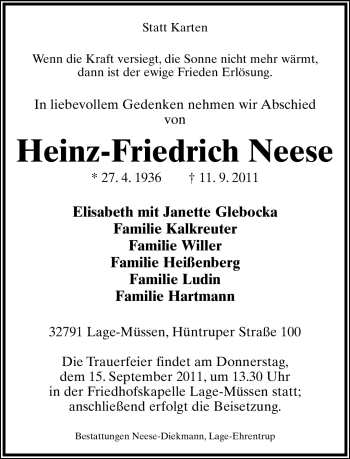 Anzeige  Heinz-Friedrich Neese  Lippische Landes-Zeitung
