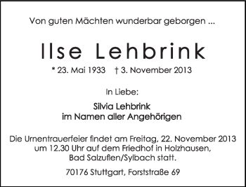 Anzeige  Ilse Lehbrink  Lippische Landes-Zeitung
