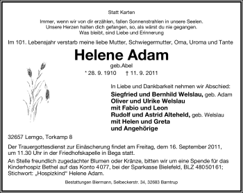 Anzeige  Helene Adam  Lippische Landes-Zeitung