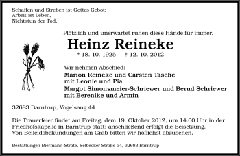 Anzeige  Heinz Reineke  Lippische Landes-Zeitung