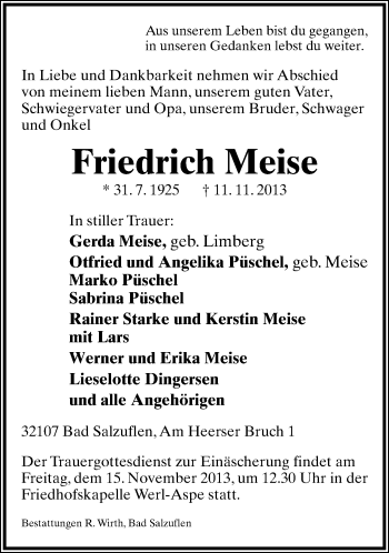 Anzeige  Friedrich Meise  Lippische Landes-Zeitung