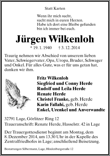 Anzeige  Jürgen Wilkenloh  Lippische Landes-Zeitung