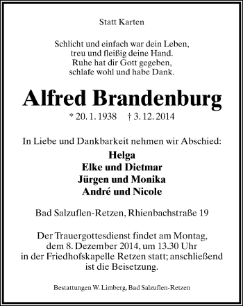 Anzeige  Alfred Brandenburg  Lippische Landes-Zeitung
