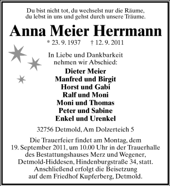 Anzeige  Anna Meier Herrmann  Lippische Landes-Zeitung