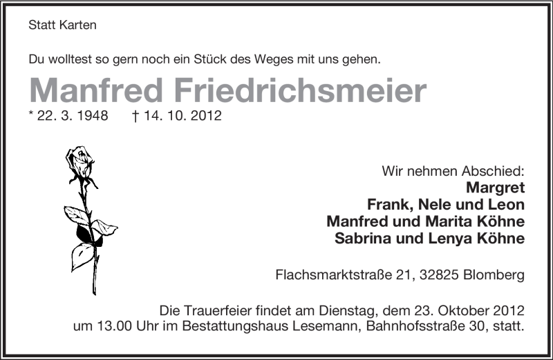  Traueranzeige für Manfred Friedrichsmeier vom 19.10.2012 aus Lippische Landes-Zeitung