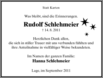 Anzeige  Rudolf Schlehmeier  Lippische Landes-Zeitung