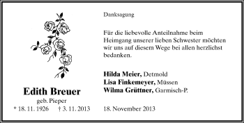 Anzeige  Edith Breuer  Lippische Landes-Zeitung