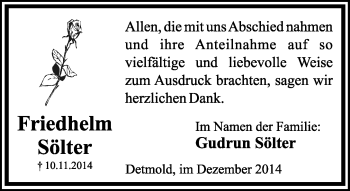 Anzeige  Freidhelm Sölter  Lippische Landes-Zeitung