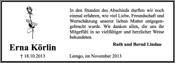Anzeige  Erna Körlin  Lippische Landes-Zeitung