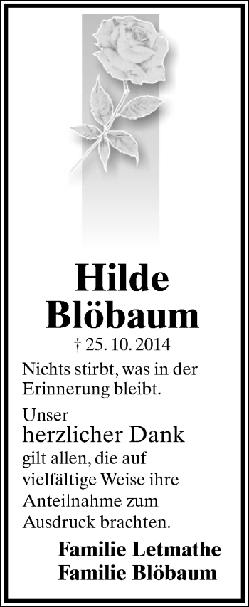 Anzeige  Hilde Blöbaum  Lippische Landes-Zeitung