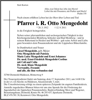 Anzeige  Otto Mengedoht  Lippische Landes-Zeitung