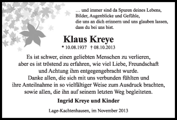 Anzeige  Klaus Kreye  Lippische Landes-Zeitung