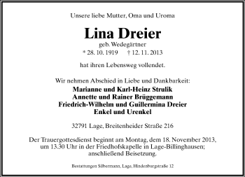 Anzeige  Lina Dreier  Lippische Landes-Zeitung