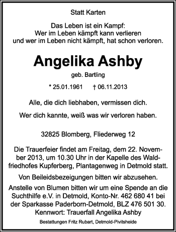 Anzeige  Angelika Ashby  Lippische Landes-Zeitung