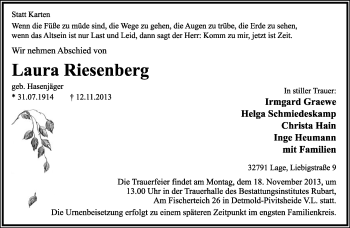 Anzeige  Laura Riesenberg  Lippische Landes-Zeitung