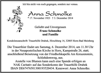 Anzeige  Anna Schmolke  Lippische Landes-Zeitung
