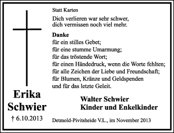 Anzeige  Erika Schwier  Lippische Landes-Zeitung