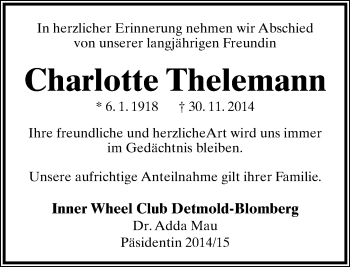 Anzeige  Charlotte Thelemann  Lippische Landes-Zeitung