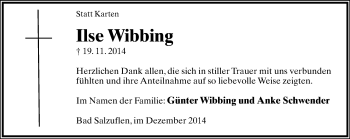 Anzeige  Ilse Wibbing  Lippische Landes-Zeitung