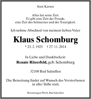 Anzeige  Klaus Schomburg  Lippische Landes-Zeitung