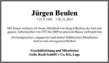 Anzeige  Jürgen Beulen  Lippische Landes-Zeitung
