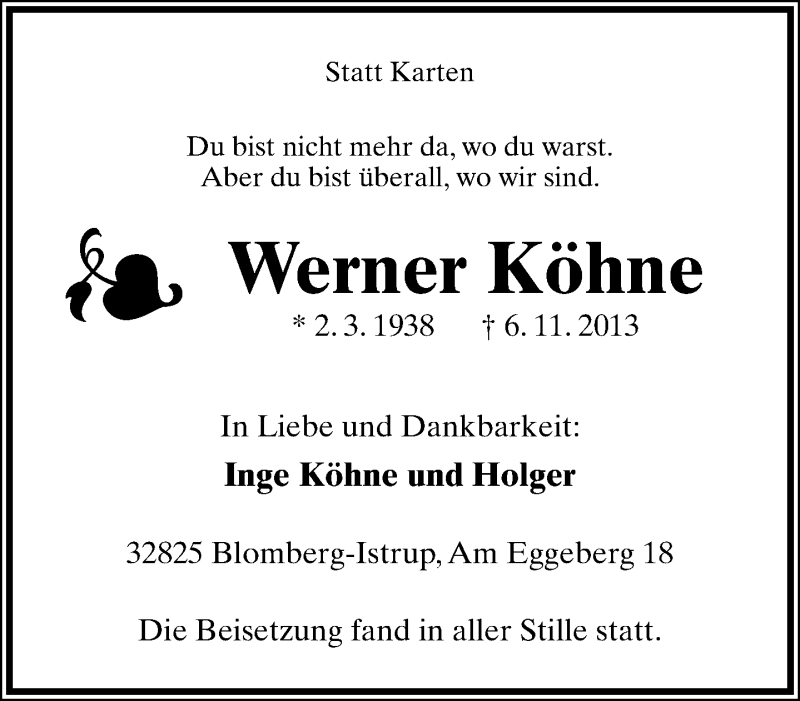  Traueranzeige für Werner Köhne vom 16.11.2013 aus Lippische Landes-Zeitung