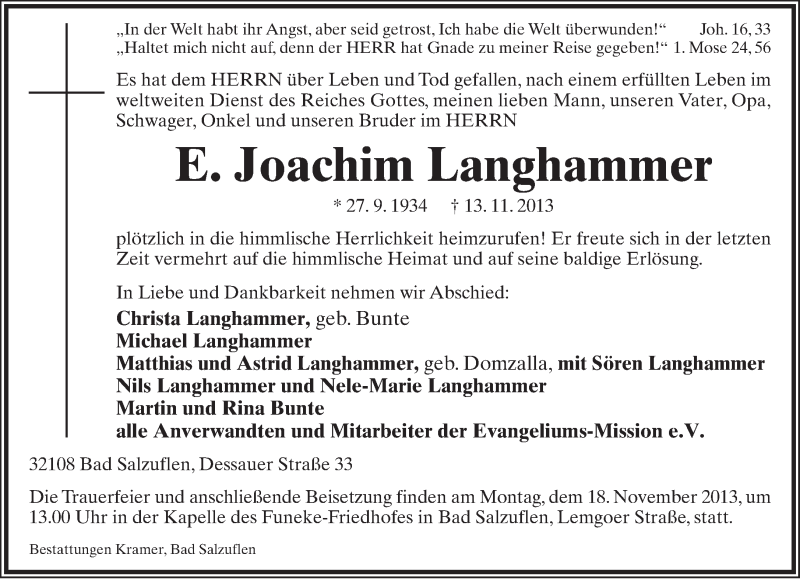  Traueranzeige für Joachim Langhammer vom 15.11.2013 aus Lippische Landes-Zeitung