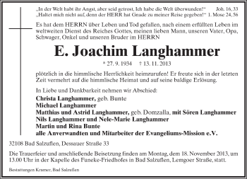 Anzeige  Joachim Langhammer  Lippische Landes-Zeitung