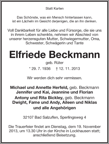 Anzeige  Elfriede Beckmann  Lippische Landes-Zeitung