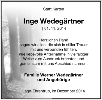 Anzeige  Inge Wedegärtner  Lippische Landes-Zeitung