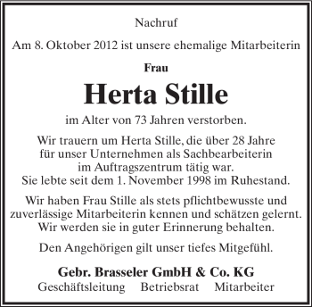 Anzeige  Herta Stille  Lippische Landes-Zeitung