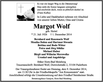 Anzeige  Margot Wolf  Lippische Landes-Zeitung