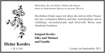 Anzeige  Heinz Kordes  Lippische Landes-Zeitung